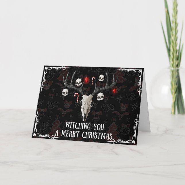 Witching You A Merry Christmas Reindeer Skull Card (Front)