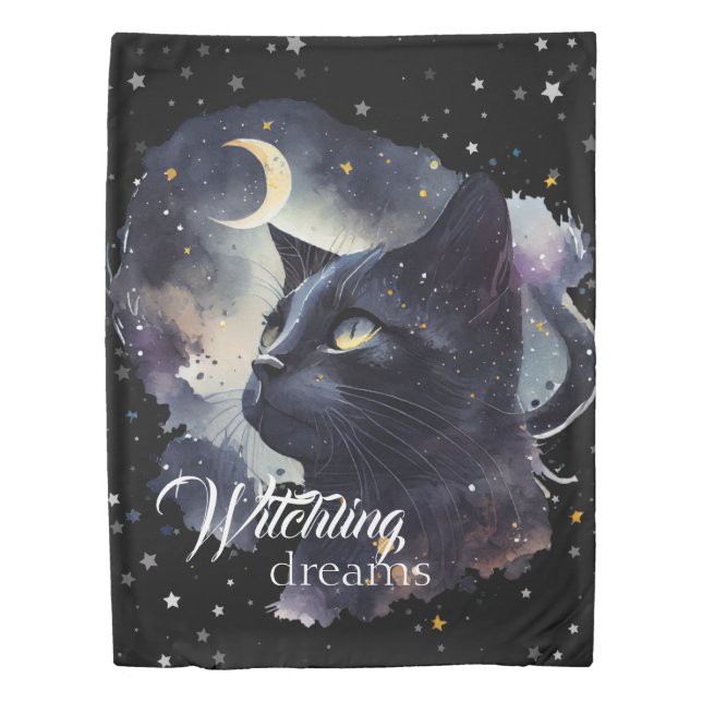 Witchling Dreams Black Cat and Stars Duvet Cover (Front)