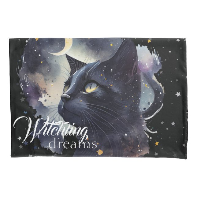Witchling Dreams Black Cat and Stars Pillow Case (Front)