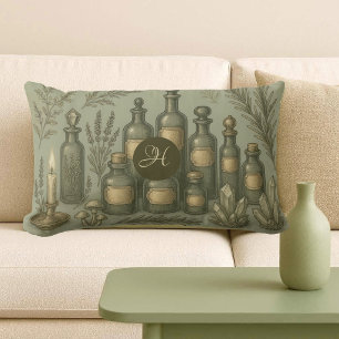 Witchs Apothecary Herbal Sage Green Magic Monogram Lumbar Pillow