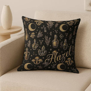 Witchs Apothecary Vintage Alchemist Paradise Black Throw Pillow
