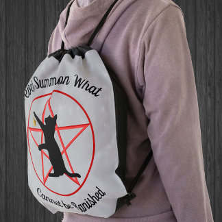Witch's Black Cat Gold Star Red Pentagram Grey Drawstring Bag