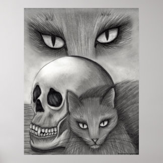 Witch's Black Cat Skull Gothic Fantasy Cat Art Pri Poster