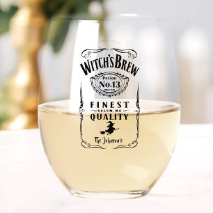 Witch's Brew Halloween Family Name Monogram Funny Stemless Wine Glass