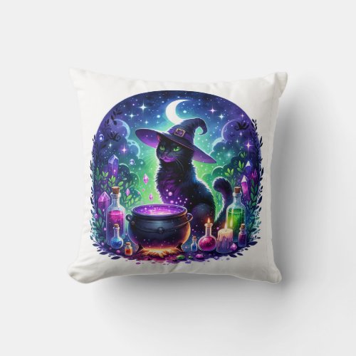 Witchs Cat And Potion Bottles Throw Pillow