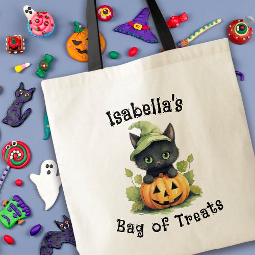 Witchs Cat Kids Halloween Trick or Treat Tote Bag