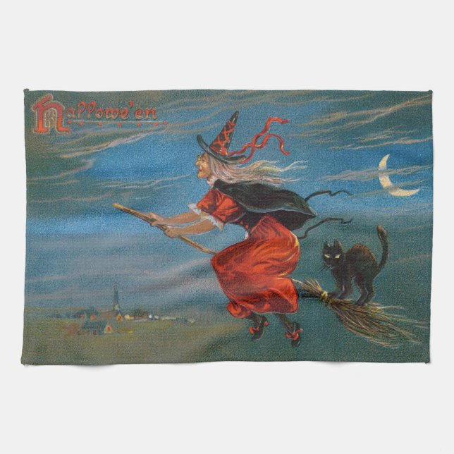 Witch's Familiar Black Cat Halloween on Broomstick Kitchen Towel (Horizontal)