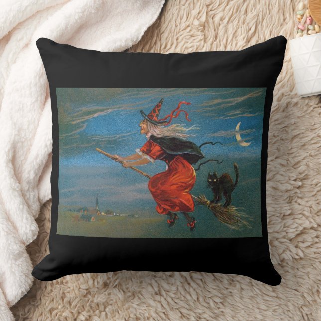 Witch's Familiar Black Cat Halloween on Broomstick Throw Pillow (Blanket)