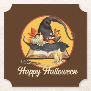 Witch's Hat & Spellbook Halloween Paper Coaster