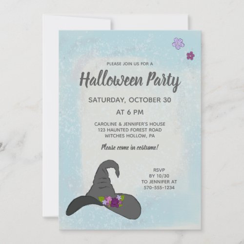 Witchs Hat with Flowers Pretty Halloween Party Invitation