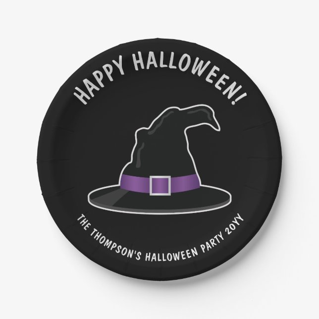 Witch's Hat With Purple Details Happy Halloween Paper Plates (Front)