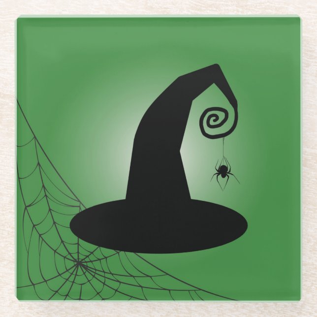 Witch's Hat With Spiderweb Green Glass Coaster (Front)