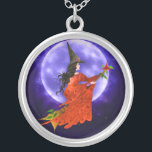 Witch's Moon Necklace<br><div class="desc">A beautiful witch dressed in red flies by the moon on her trusty broom stick. Where she's headed, only she knows. She is Knowledge and Freedom personified!</div>