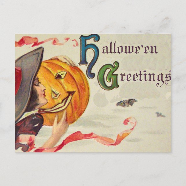 Witch's & Pumpkin (Vintage Halloween Card) Postcard (Front)