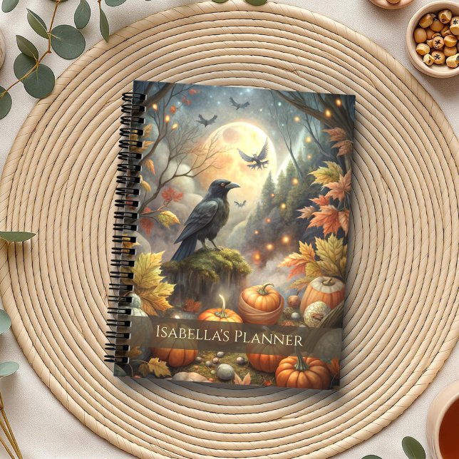 Witchy Autumn – Raven & Pumpkin Forest Full Moon Planner (Witchy Autumn – Raven & Pumpkin Forest Full Moon Planner on a boho table with botanicals )