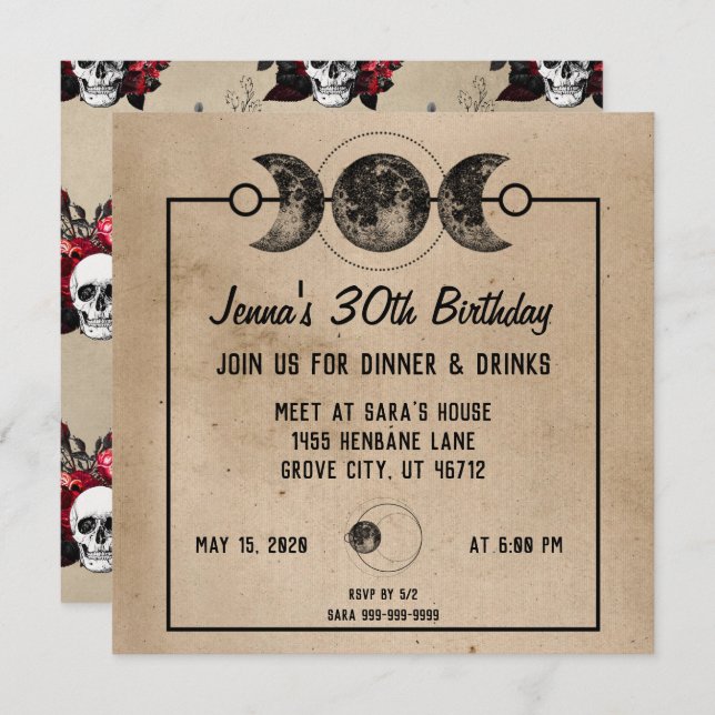 Witchy Birthday Invitations Roses & Skulls Gothic (Front/Back)