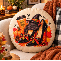 Witchy Black Cat Halloween Pillow – Gothic Heels, 