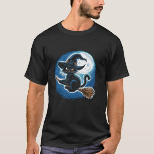 Witchy Black Cat on a Broomstick with Full Moon Ha T-Shirt