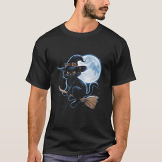 Witchy Black Cat on a Broomstick with Full Moon Ha T-Shirt