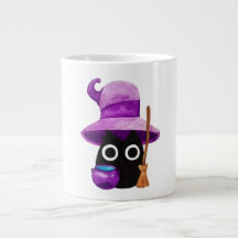 Witchy Black Cat With a Big Purple Hat Watercolor