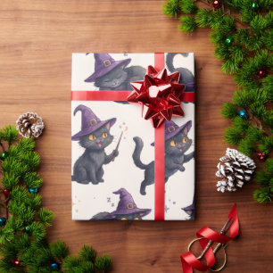 Witchy Black Cats Purple Halloween Pattern Wrapping Paper