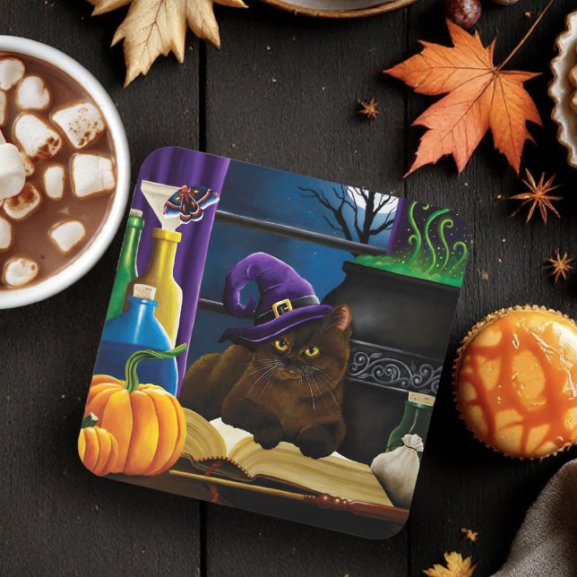Witchy Brown Cat Magic Purple Full Moon Brewing Beverage Coaster (Creator Uploaded)