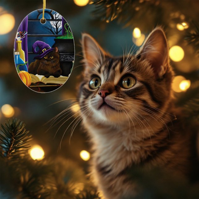 Witchy Brown Cat Magic Purple Full Moon Brewing Ceramic Ornament (Creator Uploaded)