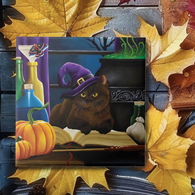 Witchy Brown Cat Magic Purple Full Moon Brewing Ceramic Tile (Creator Uploaded)