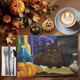 Witchy Brown Cat Magic Purple Full Moon Brewing Cloth Placemat