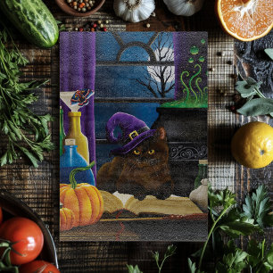 Witchy Brown Cat Magic Purple Full Moon Brewing Cutting Board