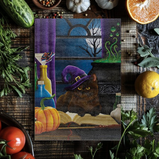 Witchy Brown Cat Magic Purple Full Moon Brewing Cutting Board (Creator Uploaded)