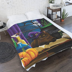 Witchy Brown Cat Magic Purple Full Moon Brewing Fleece Blanket