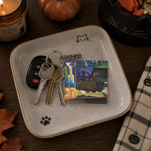 Witchy Brown Cat Magic Purple Full Moon Brewing Keychain