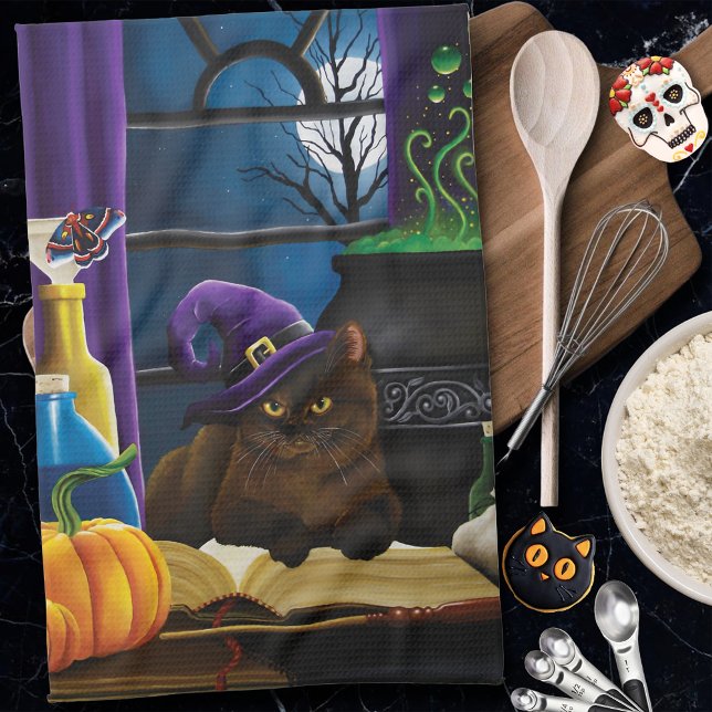 Witchy Brown Cat Magic Purple Full Moon Brewing Kitchen Towel (Creator Uploaded)
