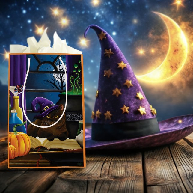Witchy Brown Cat Magic Purple Full Moon Brewing Medium Gift Bag (Creator Uploaded)