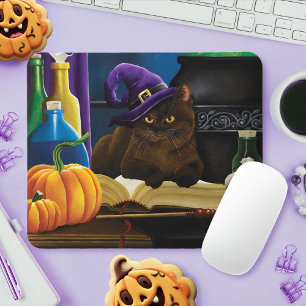 Witchy Brown Cat Magic Purple Full Moon Brewing Mouse Pad