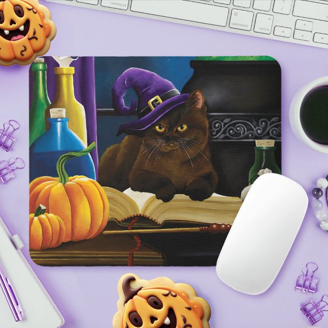 Witchy Brown Cat Magic Purple Full Moon Brewing Mouse Pad (Creator Uploaded)