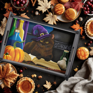 Witchy Brown Cat Magic Purple Full Moon Brewing Serving Tray