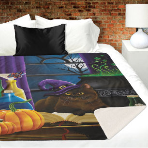 Witchy Brown Cat Magic Purple Full Moon Brewing Sherpa Blanket
