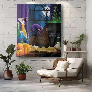 Witchy Brown Cat Magic Purple Full Moon Brewing Tapestry