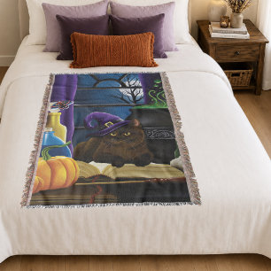 Witchy Brown Cat Magic Purple Full Moon Brewing Throw Blanket