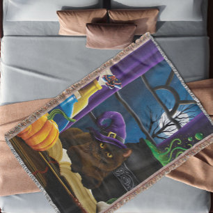 Witchy Brown Cat Magic Purple Full Moon Brewing Throw Blanket