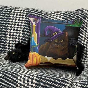 Witchy Brown Cat Magic Purple Full Moon Brewing Throw Pillow