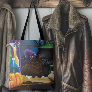 Witchy Brown Cat Magic Purple Full Moon Brewing Tote Bag