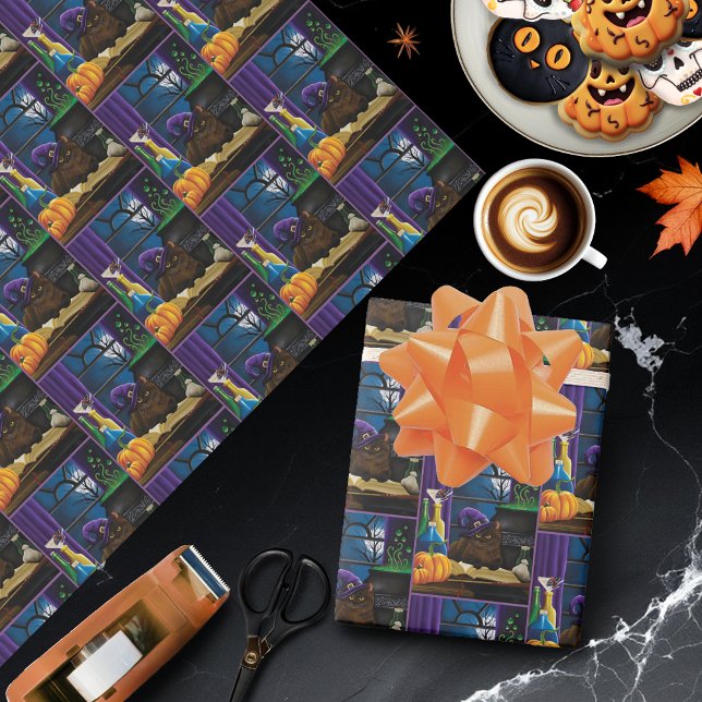 Witchy Brown Cat Magic Purple Full Moon Brewing Wrapping Paper (Creator Uploaded)