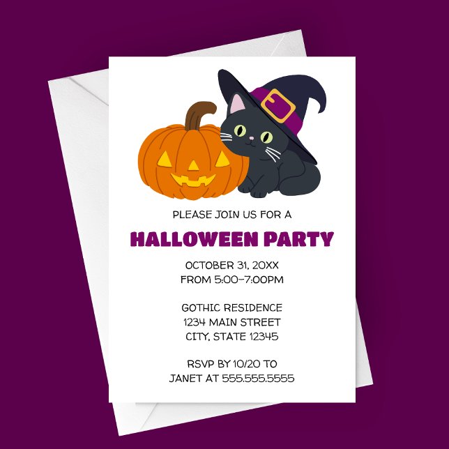 Witchy Cat Halloween Party Invitation (Cute Cartoon Cat in Witch's Hat and Jack-o-lantern Halloween Party Invitation)