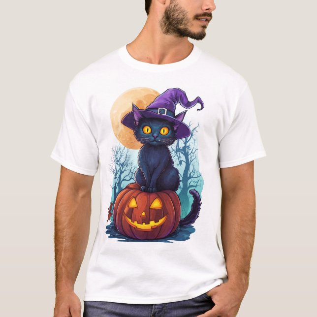  Witchy Cat on a Pumpkin T-Shirt (Front)