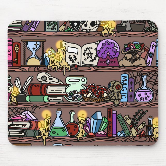 Witchy Cozy Cluttered Bookshelf Mouse Pad (Front)