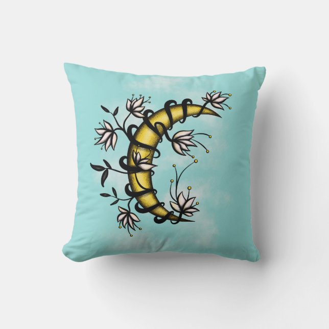 Witchy Crescent Moon Floral Wiccan Throw Pillow (Front)