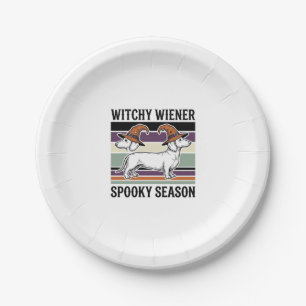 Witchy Dachshund Halloween Vintage Engraving Dog S Paper Plates